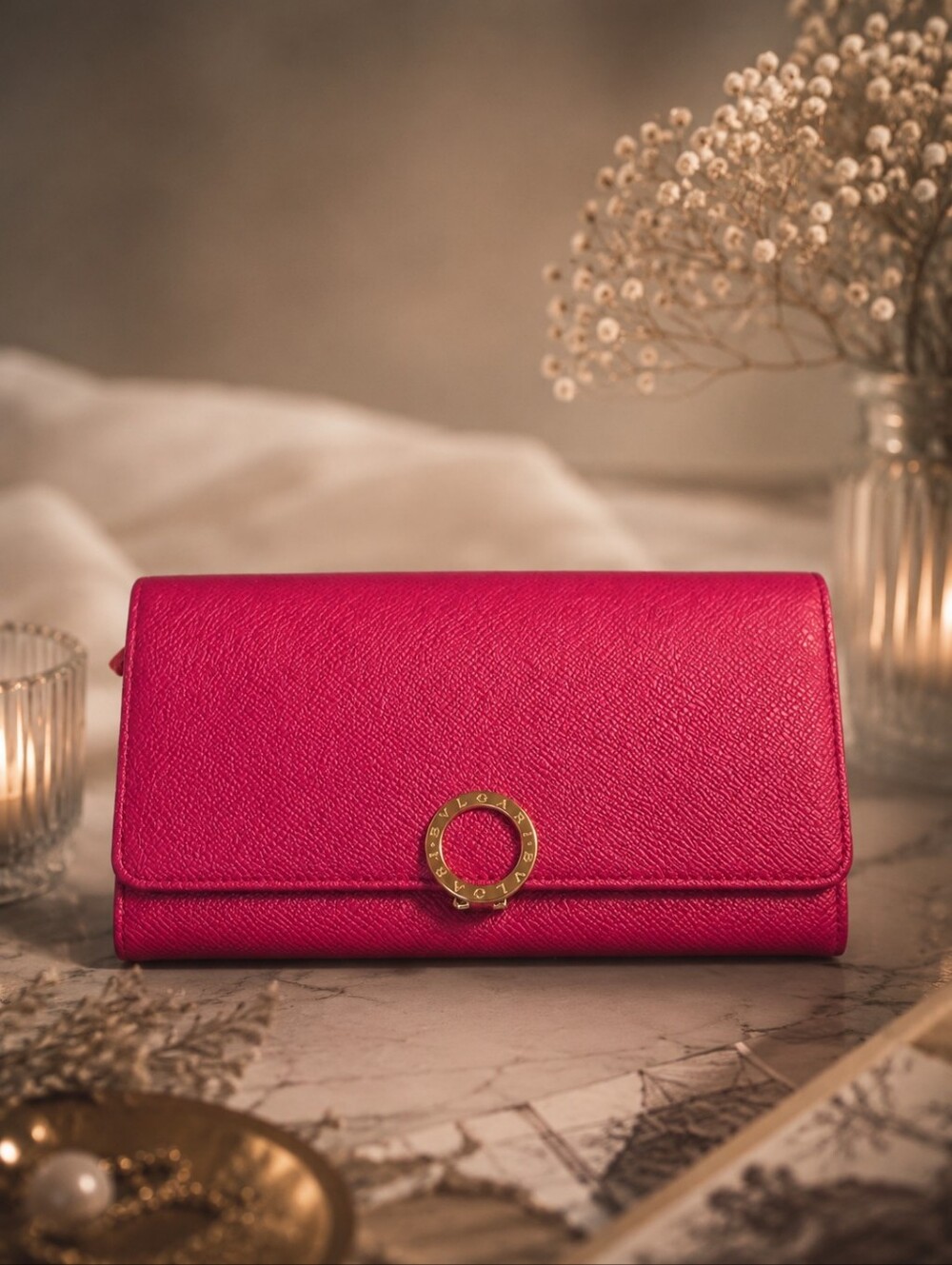 Bvlgari BVLGARI Fuchsia Pink Saffiano Leather Continental Wallet EUC